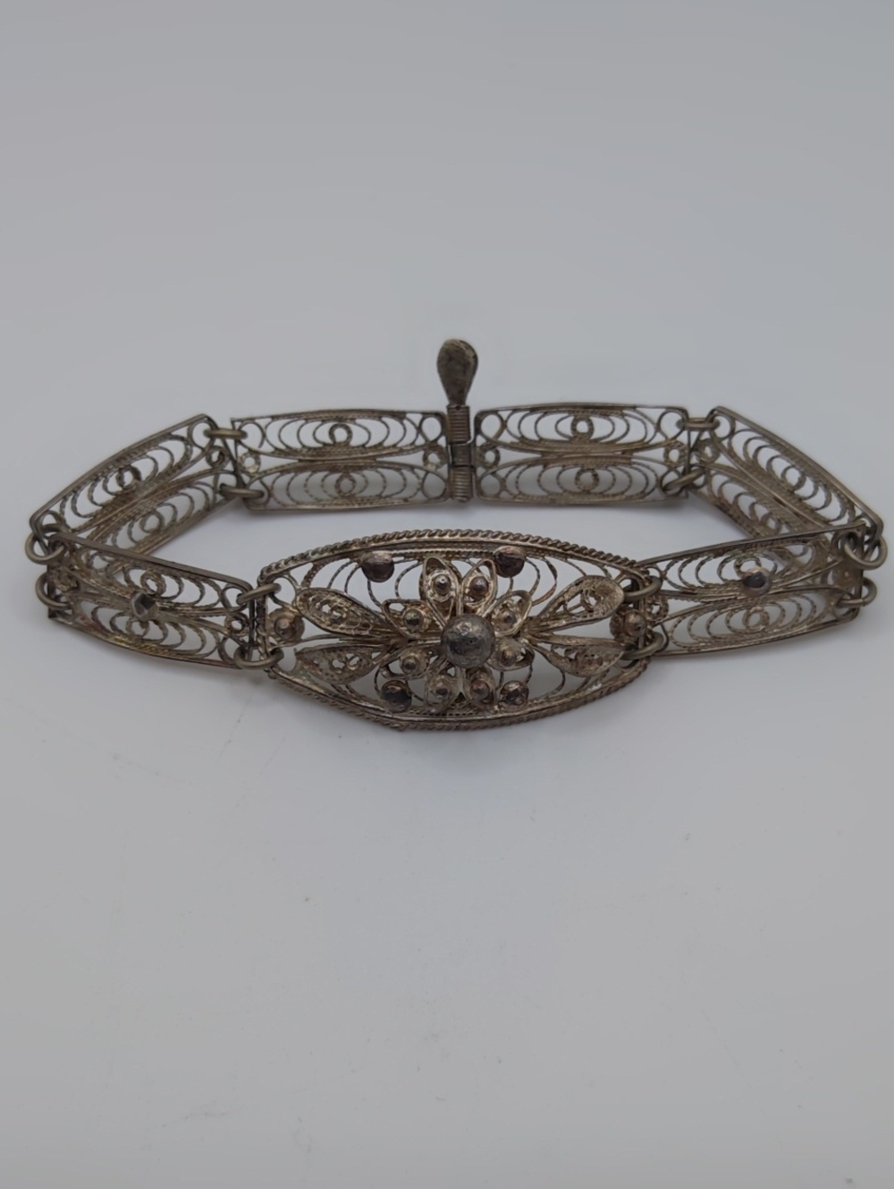Filagree Sterling Panel Bracelet Vintage With Pin Clasp Sz 6.5